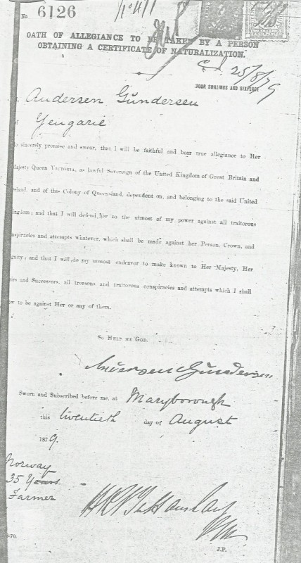 Naturalization certificate Anders Gunderson 1879